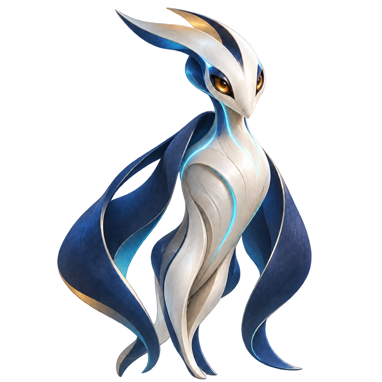 The Velia character, with amber eyes and a blue cloak